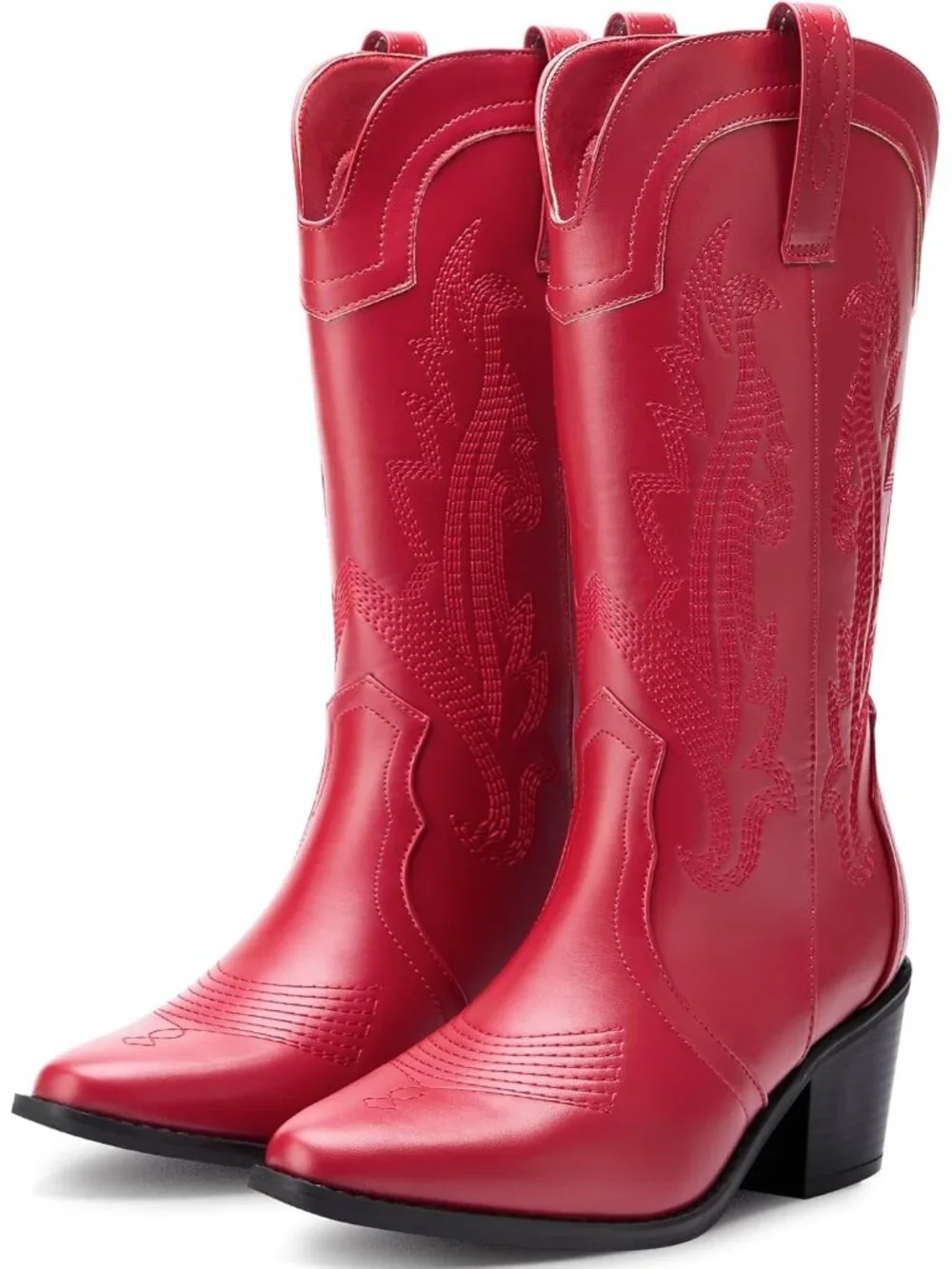 Women's Red Cowboy Boots Pointed Toe Western Boots Embroidered Mid Calf Boots - Picture 5 of 6